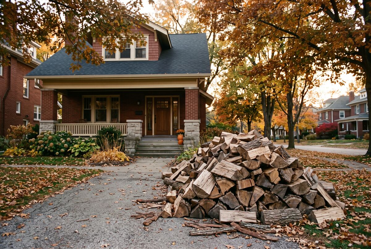 A delivered load of split firewood on the driveway of a brick Columbus foursquare house under maples in autumn color