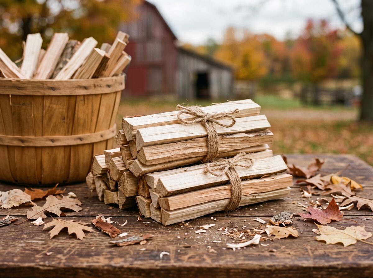 Bundles of dry split hardwood kindling tied with jute twine on a weathered farm table beside a bushel basket