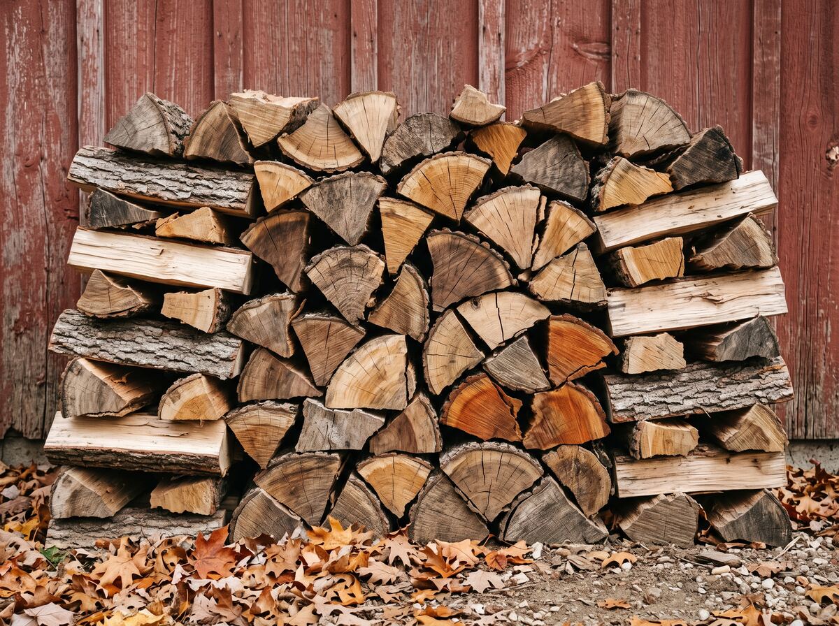 A neat face cord of mixed oak, maple and cherry firewood stacked against weathered red barn siding
