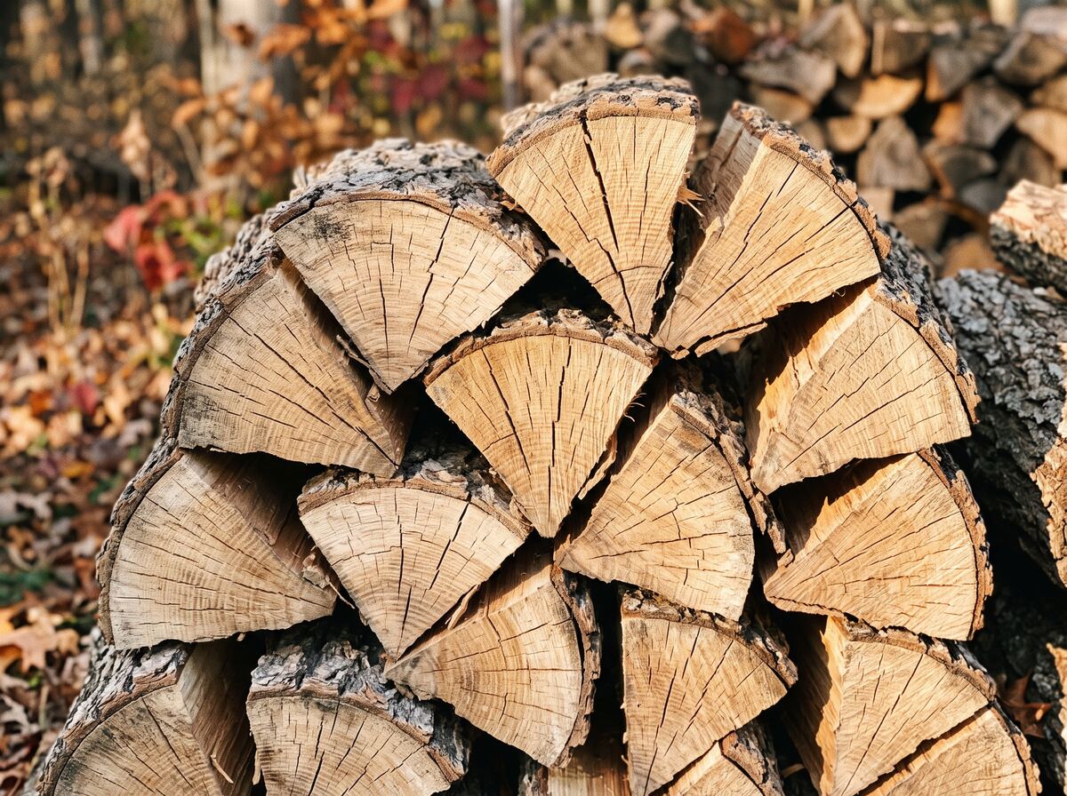 Close-up of seasoned split white oak firewood showing deep radial drying checks across the end grain